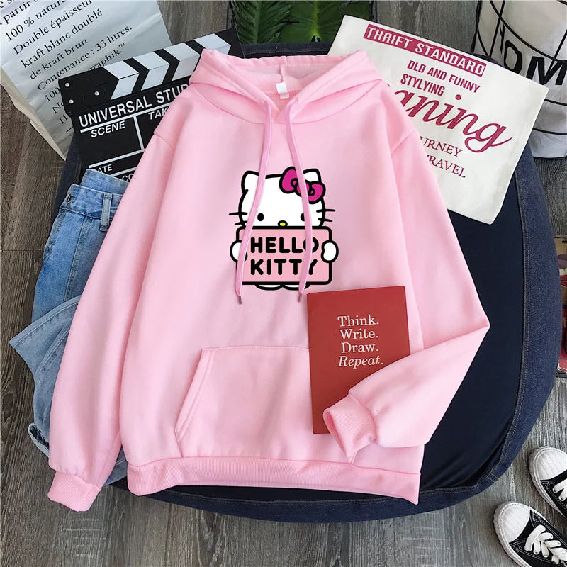 2025 New Casual Women's Sweatshirts Hello Kitty Kawaii Tops for Women Cute Hoodies Fashion Harajuku Long Sleeves Plus Siz