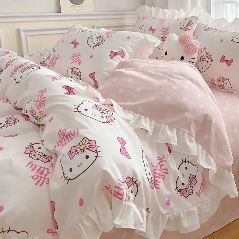 Hello Kitty Cinnamoroll My melody Kuromi new cute cartoon active printing pure cotton edge quilt cover bed sheet three-piece set