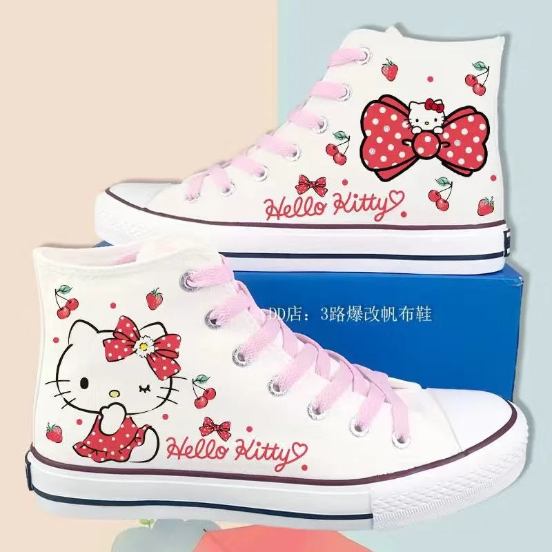 Kitty Lolita Shoes High Top Canvas Shoes for Women Hello Kitty Printed Student Casual Flat Sneakers 2024 New Women Shoes