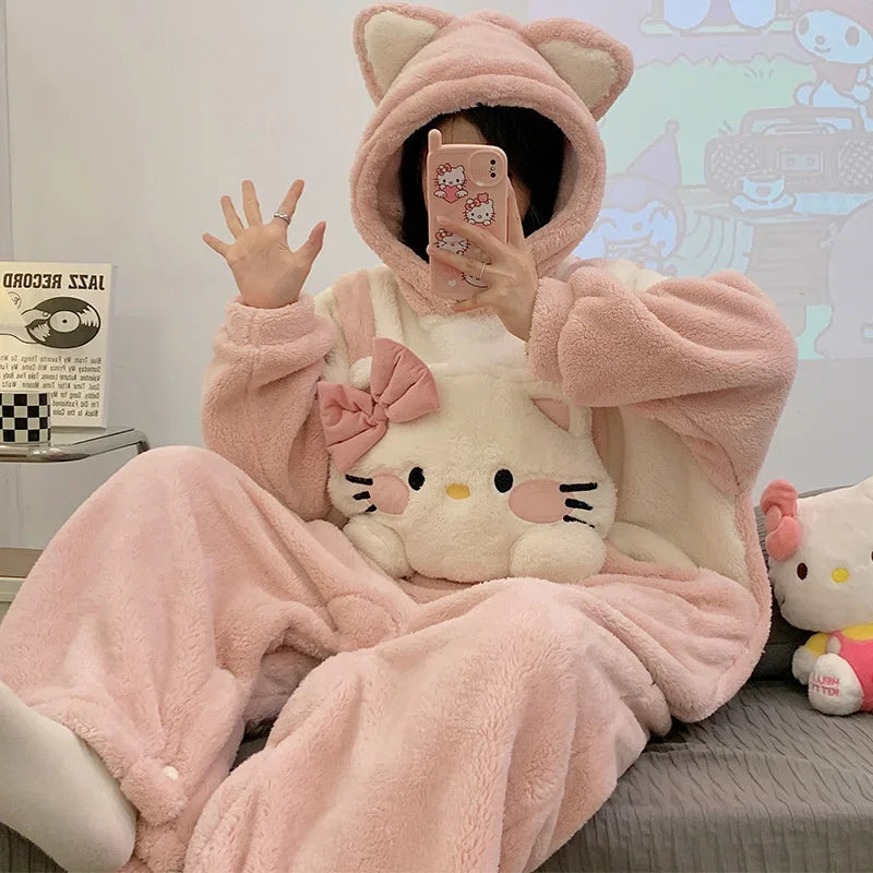 Hello Kitty winter new one-piece pajamas women's coral fleece hooded long-sleeved cartoon cute warm sweet loungewear