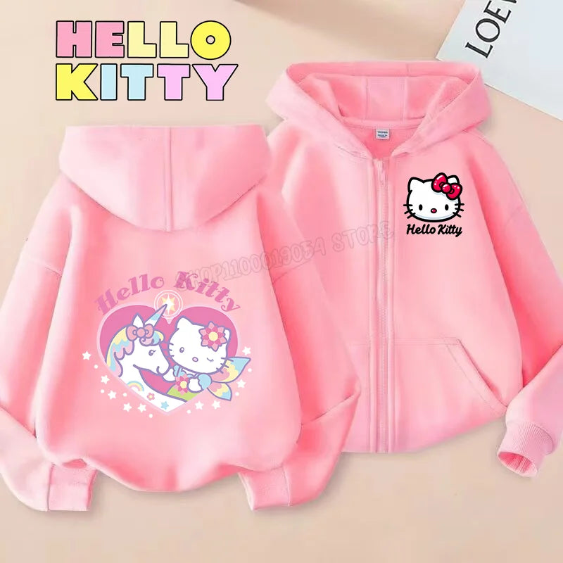 Hello Kitty Zipper Hoodies Girls Sweatshirt Autumn and Winter Long Sleeve Harajuku Pullovers Casual Hooded Tops Birthday Gift