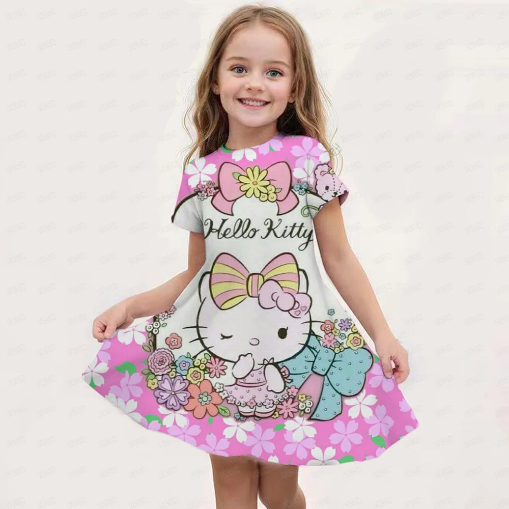 New Summer Girls Dress Fashion Cartoon Cute Cinnamoroll &Hello Kitty 3D Printing Dress Kid Short Sleeve Princess Clothing