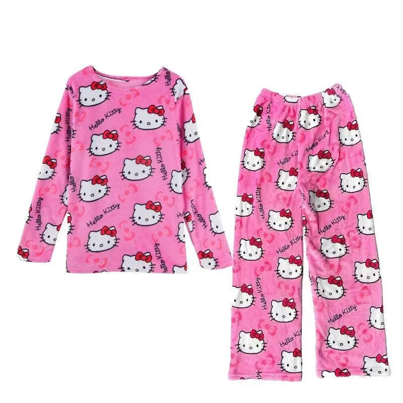 Sanrio Hello Kitty Women Autumn Winter Pajamas Thickened Flannel New Cartoon Home Suit Set Japanese Style Casual Trend Sleepwear