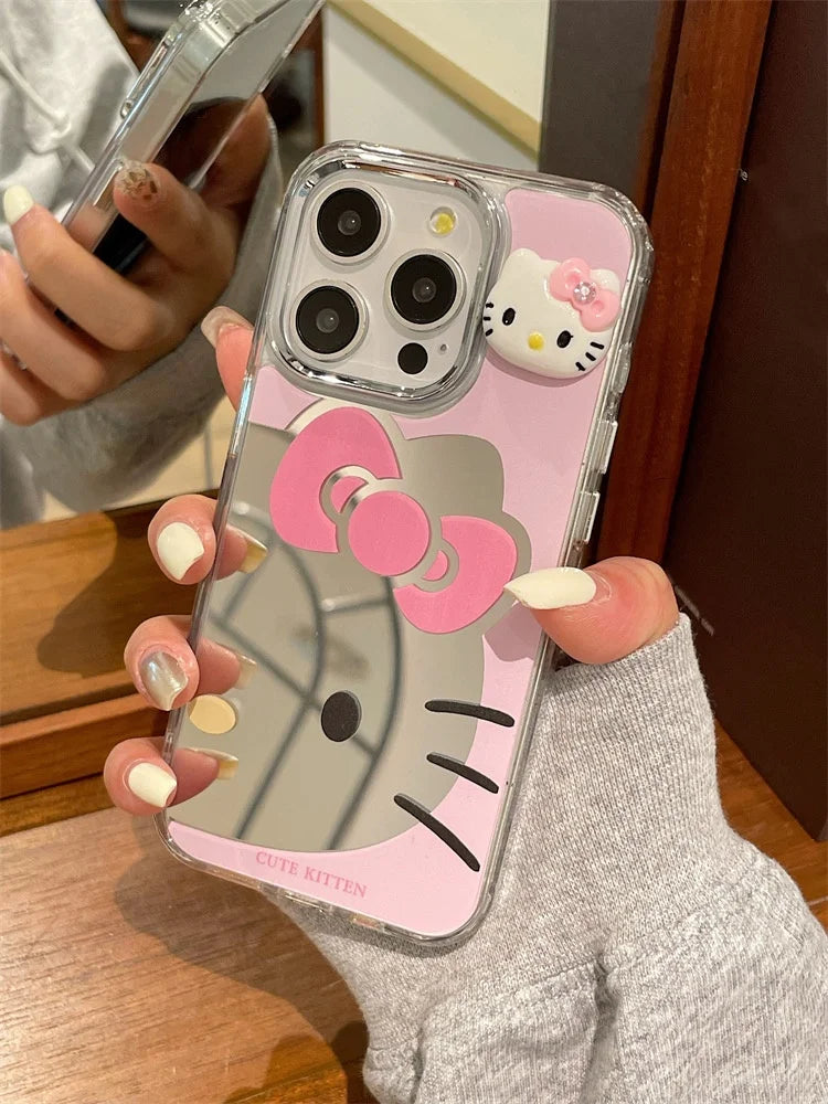 Cute Cartoon Bow Hello Kitty Luxury Make Up Mirror Phone Cover For iPhone 12 13 14 15 16 Pro Max Pink Kitty Lovely Back Cover