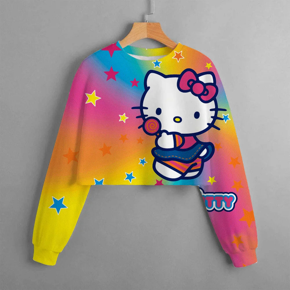 Girls' Short O Neck Long Sleeve Top Hello Kitty Cartoon Balloon Print Girls' Clothing Spring And Autumn Pullover Casual Children