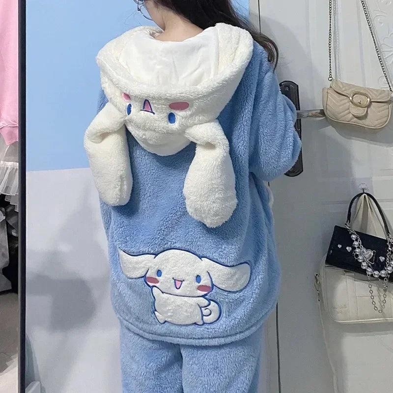 Hello Kitty Kuromi Cartoon Anime Sweet Girl Winter Kawaii Super Soft Thickened 2 Piece Home Pajama Set Holiday Gifts