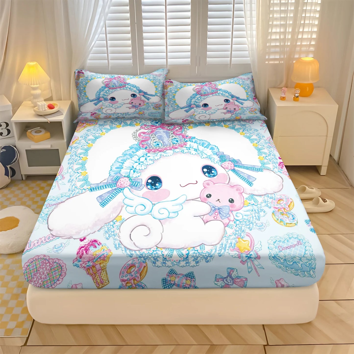 Sanlio, Kuromi Hello kitty 100% Polyester With Pillowcas Bedding Set  Fitted Sheet Bed Cover Full 3D Printed Children'S