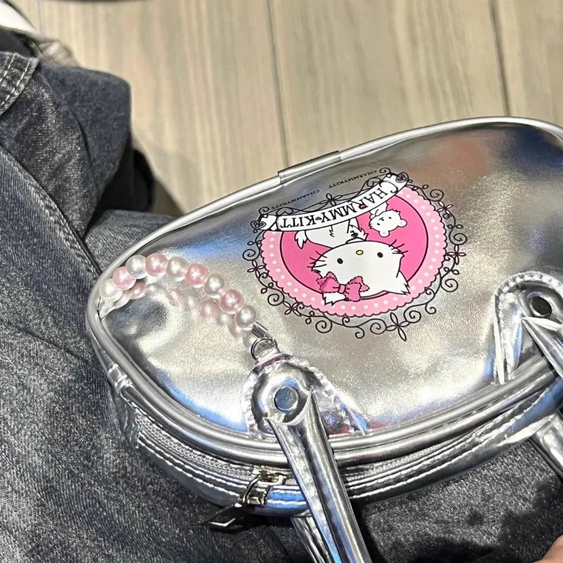 Hello Kitty Women Handbag Silver Small Vintage Summer Fashion Leather Boston Bag Pearl Sweet Cute Kawaii Cartoon Female Bag