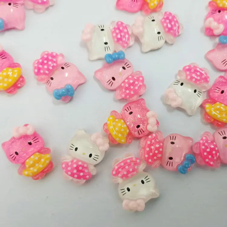 10Pcs Pink Bow Transparent Hello Kitty Nail Charms Accessories Cartoon Resin Flatback DIY Jewelry Decoration