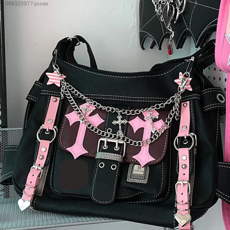 Hello Kitty Gothic Punk Vintage Pink Crossbody Bags for Women Hot Girl Handbag Y2k Trend School Zipper Tote Bag