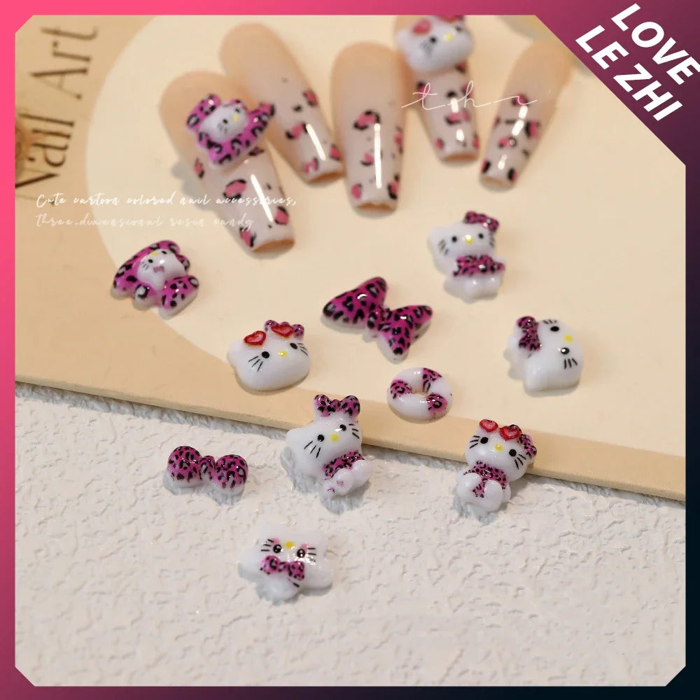 20 PCS Cartoon Leopard Print Hello Kitty Nail Tips Charms Ornament Acrylic Diy Sunglasses Bowknot Party Sticker Nail Accessories