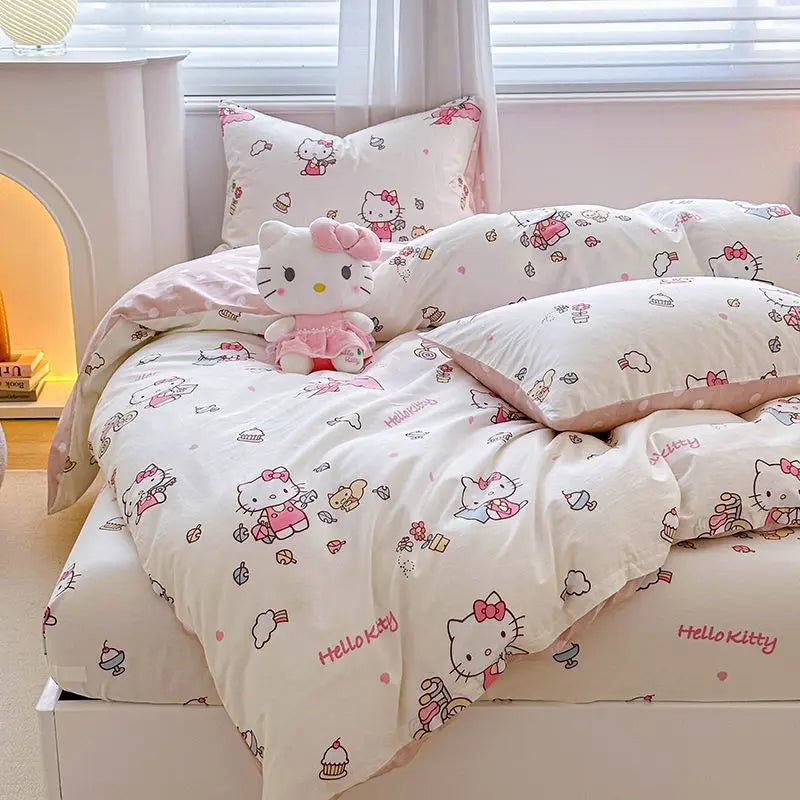 Kuromi Cinnamoroll My melody Hello Kitty Fashion Simple Cartoon Print Pure Cotton Bed Sheets and Quilt Covers Three Piece Set