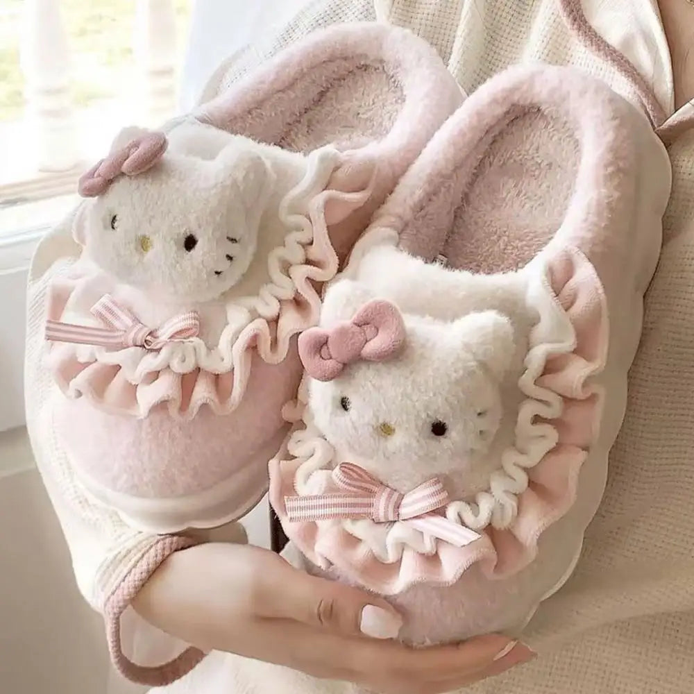 New Kuromi Hello Kitty Womens Slippers Sanrio My Melody Cinnamoroll Kawaii Cartoon Cute Indoor Outdoor Thick Sole Winter Slipper