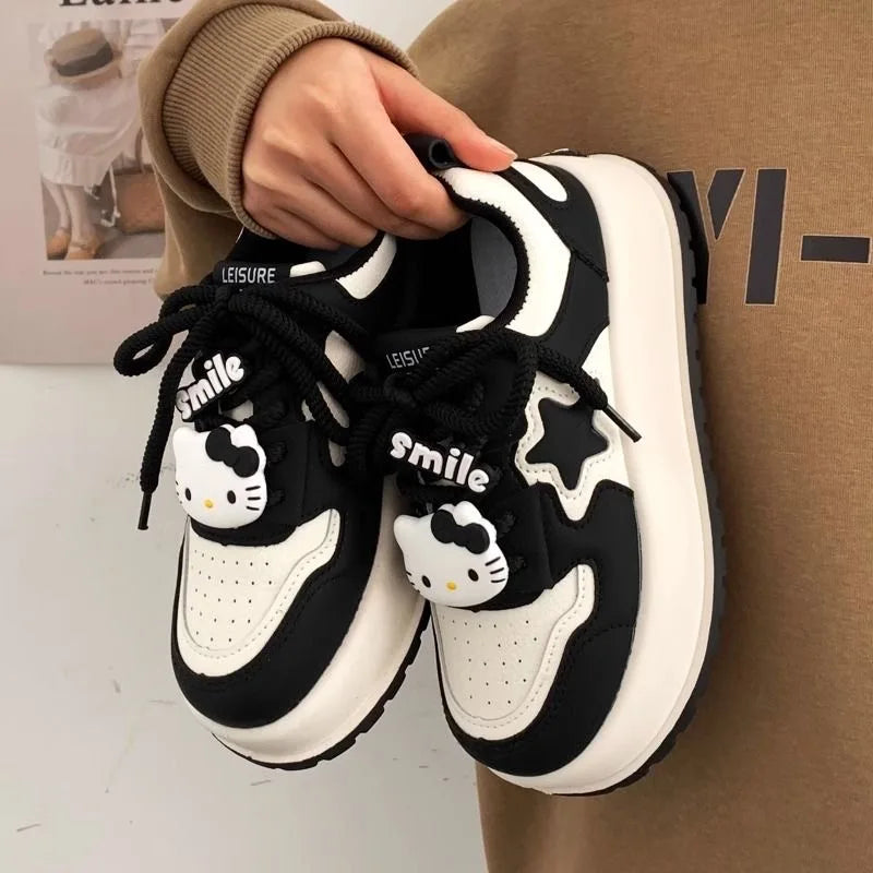 Cartoon Hello Kitty Black White Loafers Women Kawaii Girls Lolita Shoes Versatile Platform Shoes Skateboard Sneakers 2000s