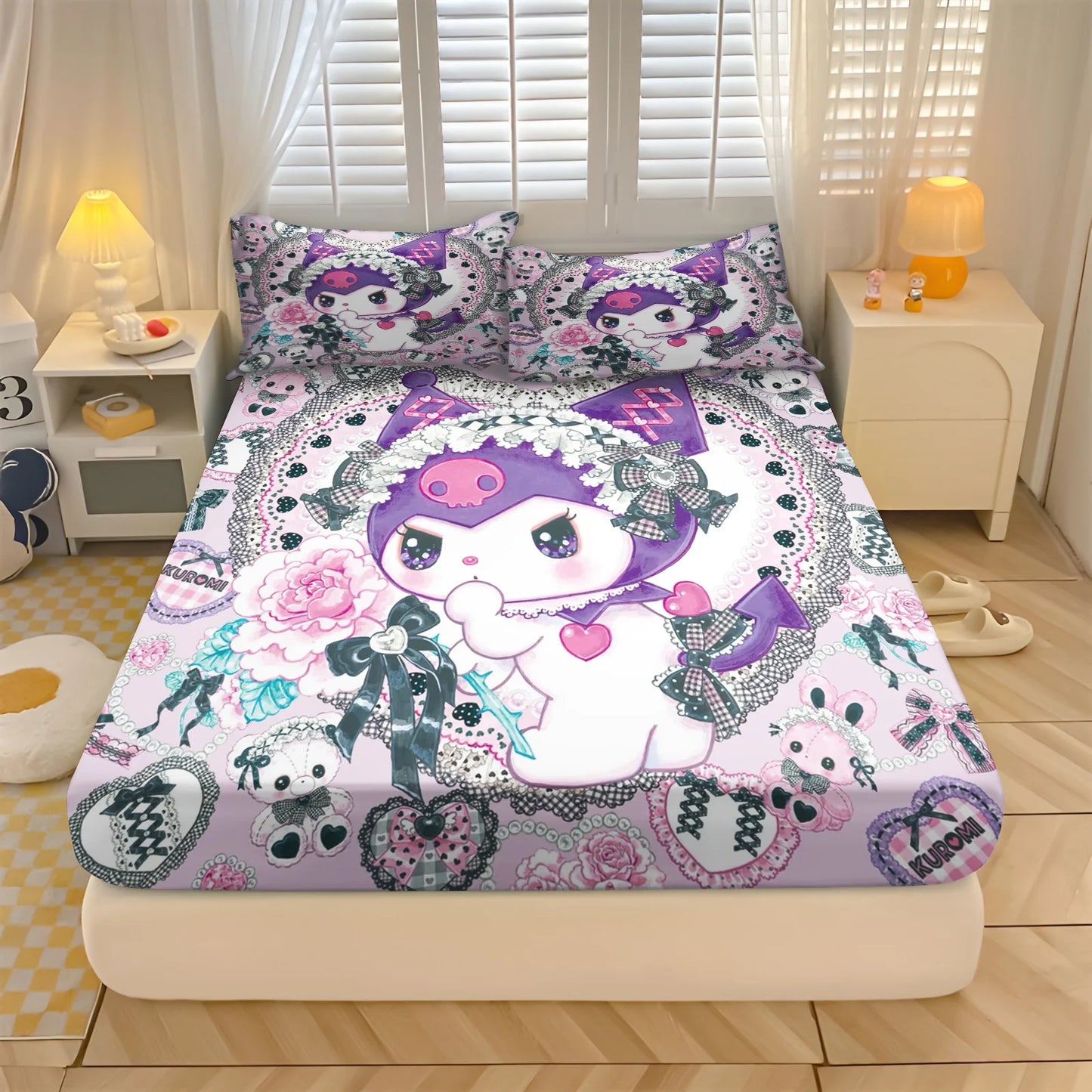 Sanlio, Kuromi Hello kitty 100% Polyester With Pillowcas Bedding Set  Fitted Sheet Bed Cover Full 3D Printed Children'S