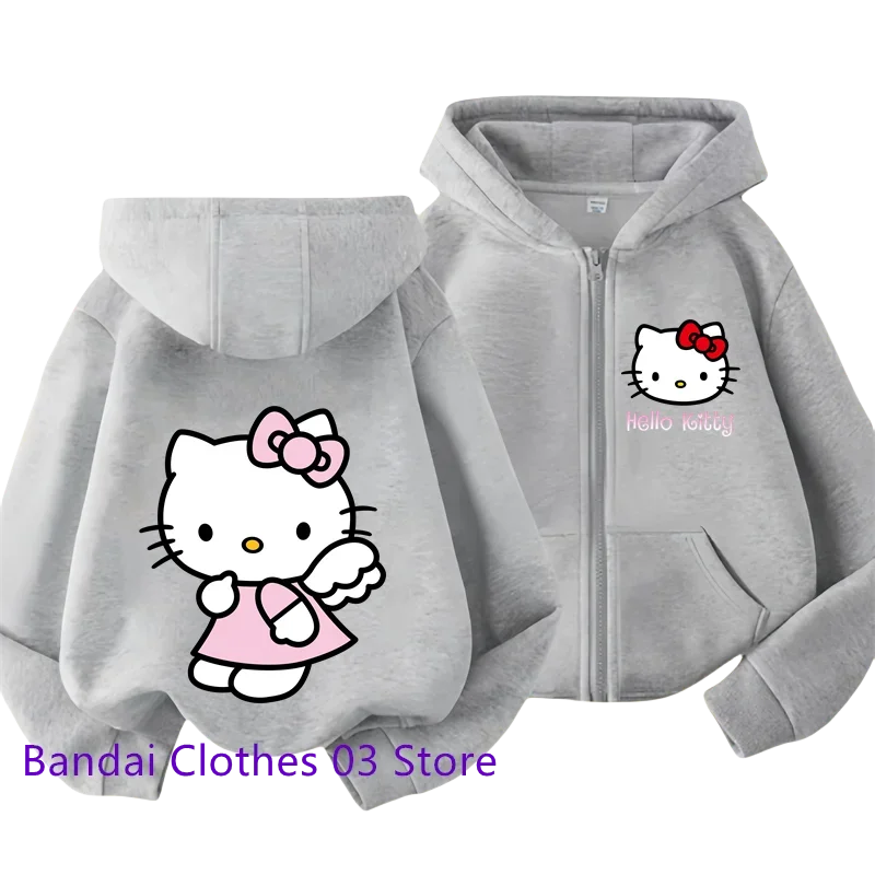 Cute Hello Kitty New Pin Zipper Hoodie Girls Sweatshirt Autumn/Winter Long Sleeve Jacket Harajuku Jumper Pin Casual Hoodie Top