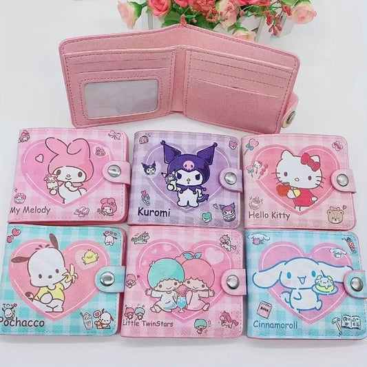 Kawaii Hello Kitty Cinnamoroll PU Casual Short 2 Fold Cartoon Purse Card Holder Wallet Cute Kuromi Button Card Bag Wallet