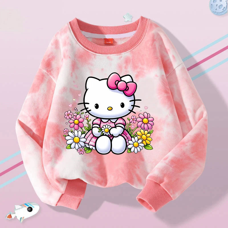 Hello Kitty Kuromi Cute Print Sweatshirts Girl Clothes Autumn Trend Tie Dyed Round Neck Pattern Children Pullover Long Sleeves