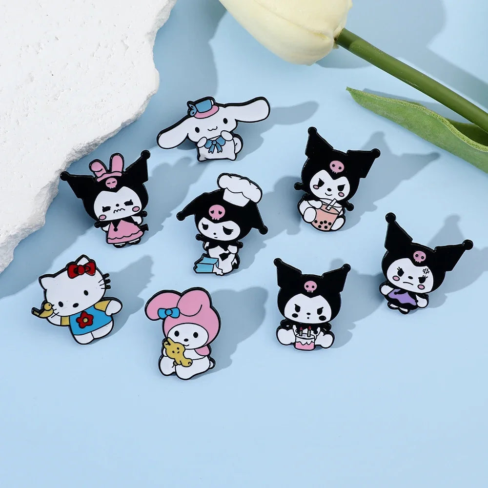 8 Pcs Animal Hello Kitty Brooch  Angry Princess Kulomi Melody Lapel Pin Fashion Cinnamon Metal Badge Backpack Clothing Jewelry