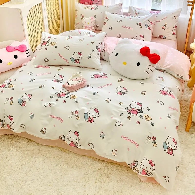 Cute Hello Kitty simple and sweet cartoon printed soft and comfortable pure cotton bed sheet and quilt cover three-piece set