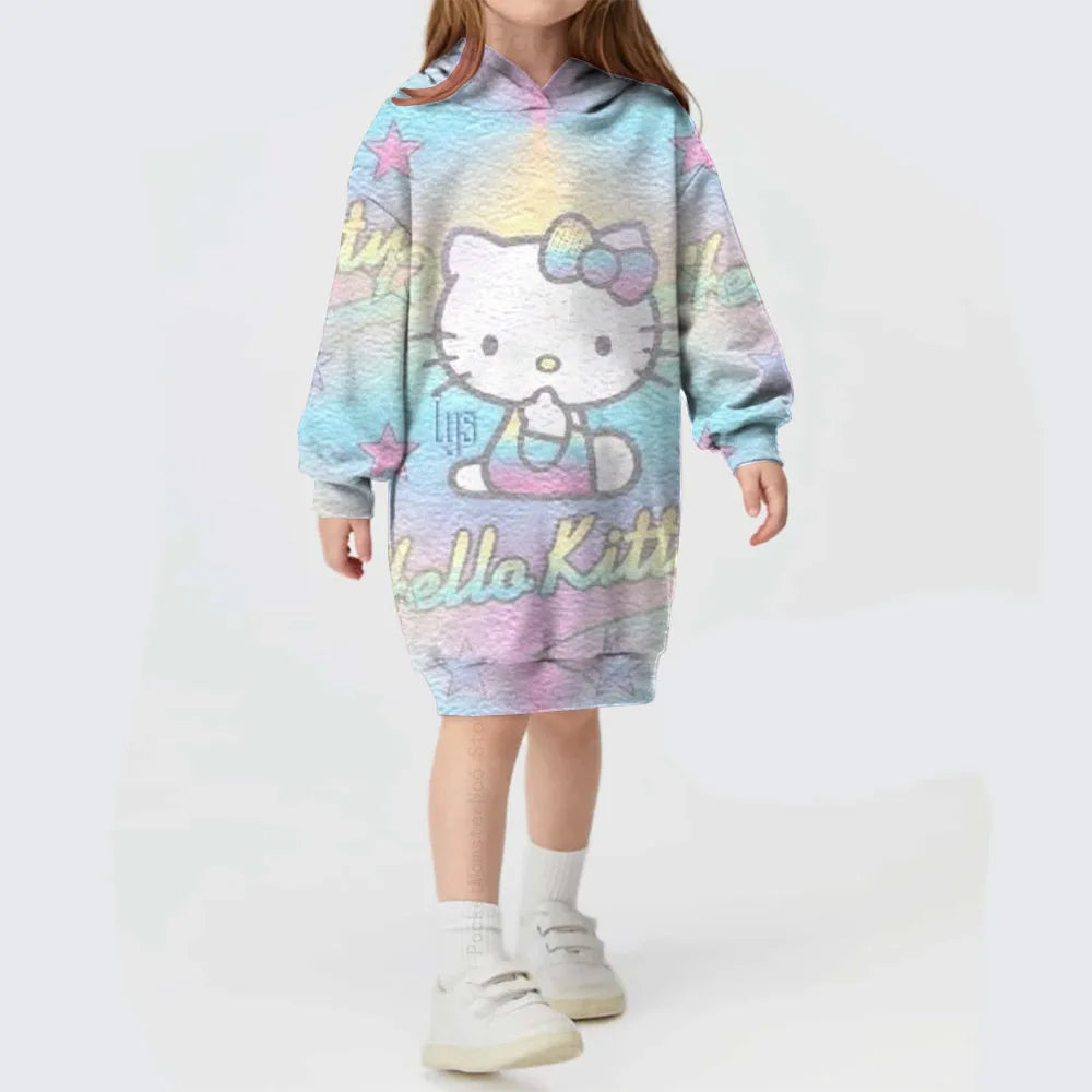 Girls Hooded Dress for Autumn Winter Kids Hello Kitty Kuromi print Dress Girl Striped Long Sleeve Clothes Kids Hoodies Dresses