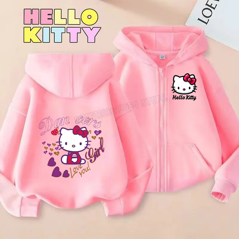 Hello Kitty Zipper Hoodies Girls Sweatshirt Autumn and Winter Long Sleeve Harajuku Pullovers Casual Hooded Tops Birthday Gift