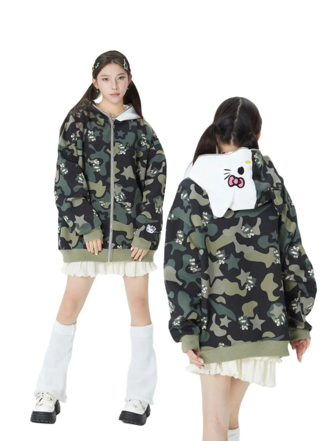 Hello Kitty Y2K Jacket Zipper Cardigan Hoodie Camouflage Blouse Sweatshirts Autumn Long Sleeve Sweater Jacket for Female