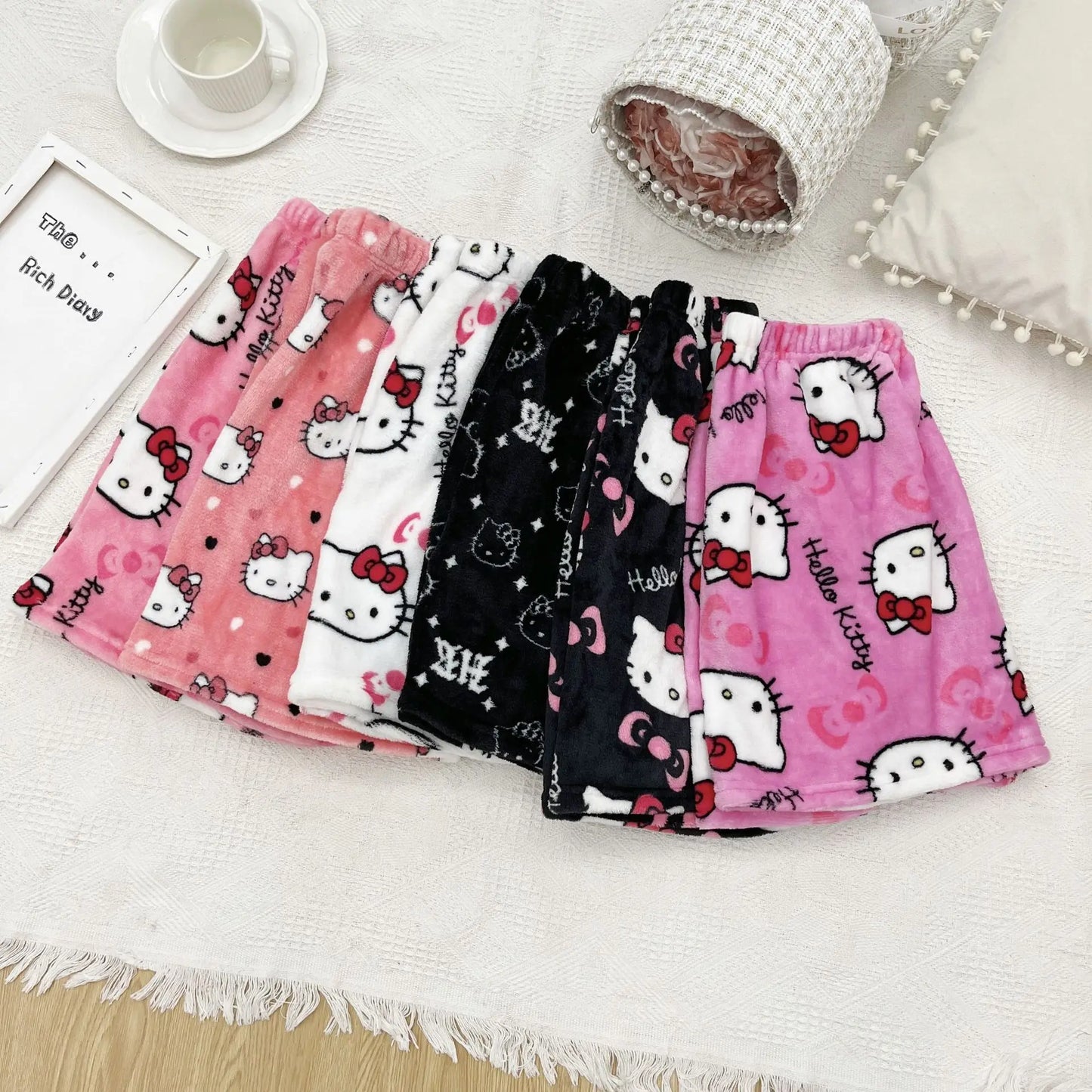 Hello Kitty Anime Y2k Kawaii Flannel Pajamas Women's Warm Woolen Cartoon Casual Home Pants Autumn Winter Fashion Trousers