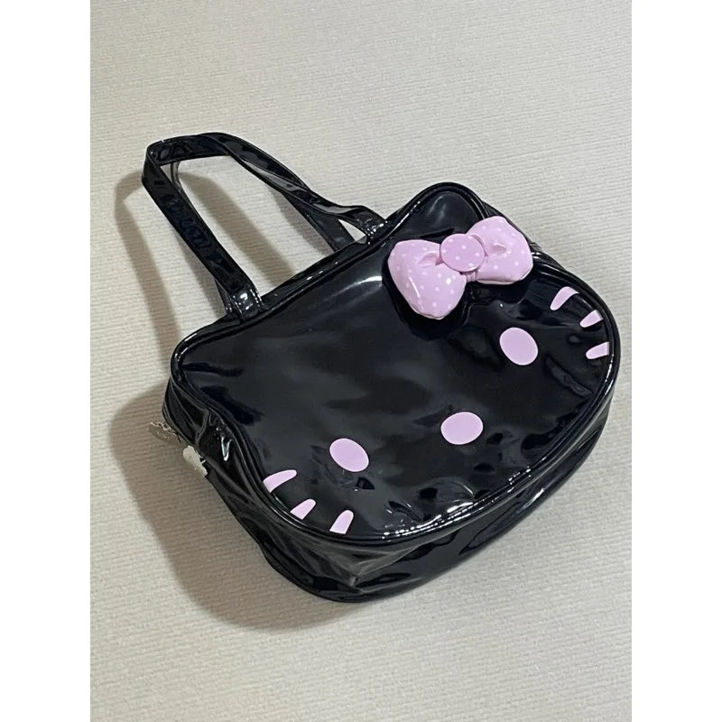 Hello Kitty Womens Shoulder Bag Black Leather Cute Bow Harajuku Fashion Cartoon Tote Bag New Style Casual Female Handbag