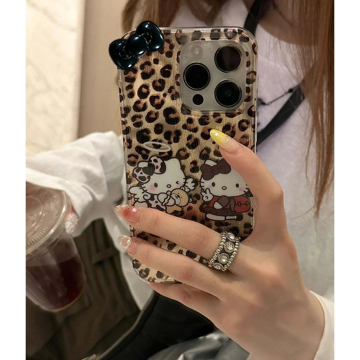 Fashion Leopard Print Hello Kitty Two KT Cat For iPhone 16 15 14 13 12 11 Pro Max XR XS 8 Plus Soft Anti Drop Silicone Cover Y2k