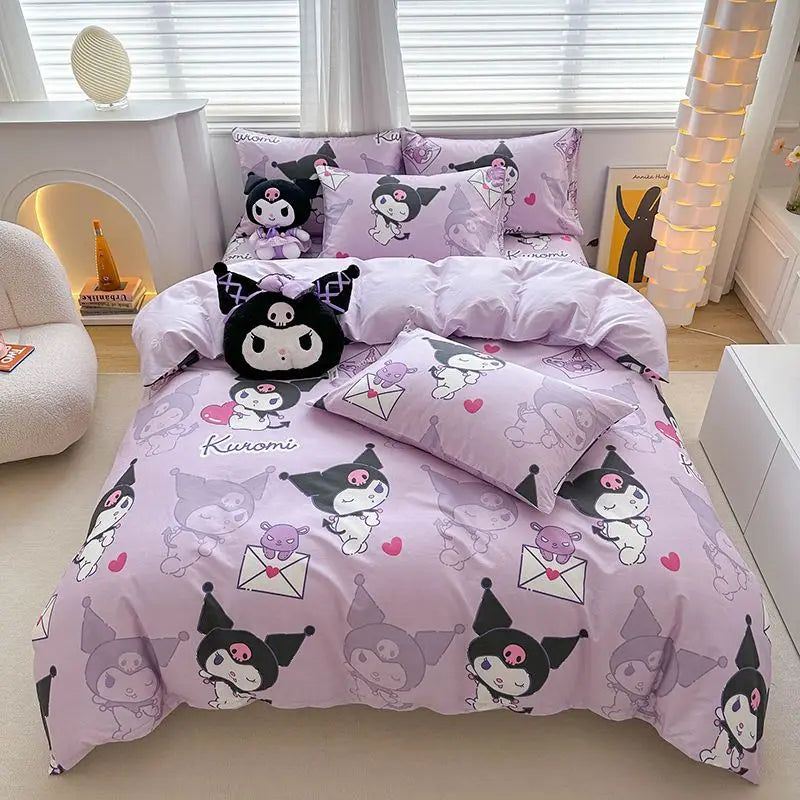 Kuromi Cinnamoroll My melody Hello Kitty Fashion Simple Cartoon Print Pure Cotton Bed Sheets and Quilt Covers Three Piece Set