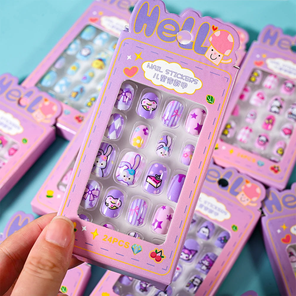 24Pcs Cartoon Hello Kitty Press on Nails Sanrio Series Pink/Blue/Purple Kuromi Kawaii Fake Nail for 6 years+ School Girl