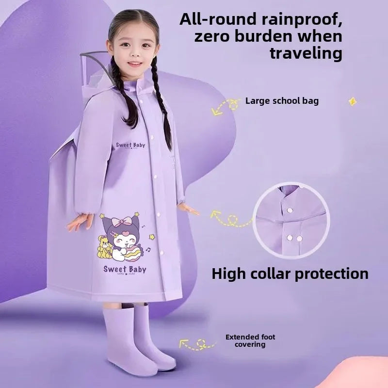 Cartoon kuromi children's raincoat for students going to school with school bag, cute anime raincoat outdoor waterproof