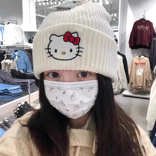 Kawaii Saniro Hello Kitty Embroidery Knitted Cap Cartoon Kt Cat Wool Cap Warm Cap Couple Set Head Hat Girls Gifts