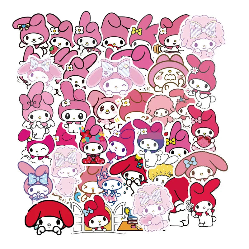 50/100Pcs Sticker Kawaii Hello Kitty Kuromi Melody Cinnamoroll Laptop Skin DIY Diary Stationery Stickers Kids Toys Gifts