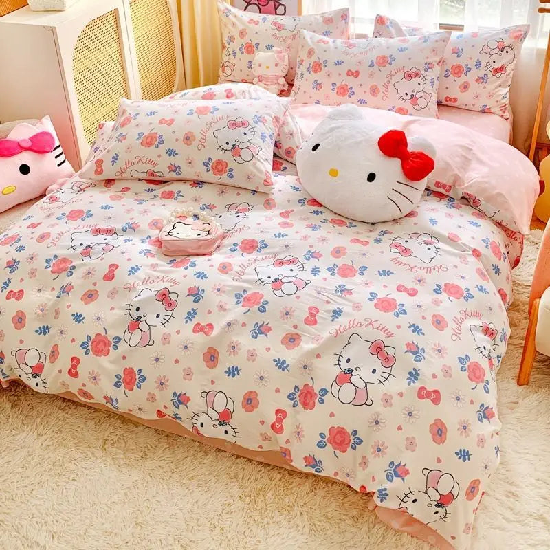 Cute Hello Kitty simple and sweet cartoon printed soft and comfortable pure cotton bed sheet and quilt cover three-piece set