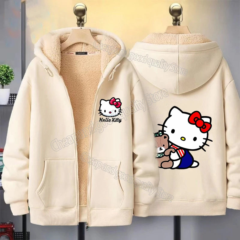 Hello Kitty Women's Zipper Hoodie Autumn and Winter New Cute Kawaii Pattern Sweatshirt Streetwear Girl Lady Clothing Coat