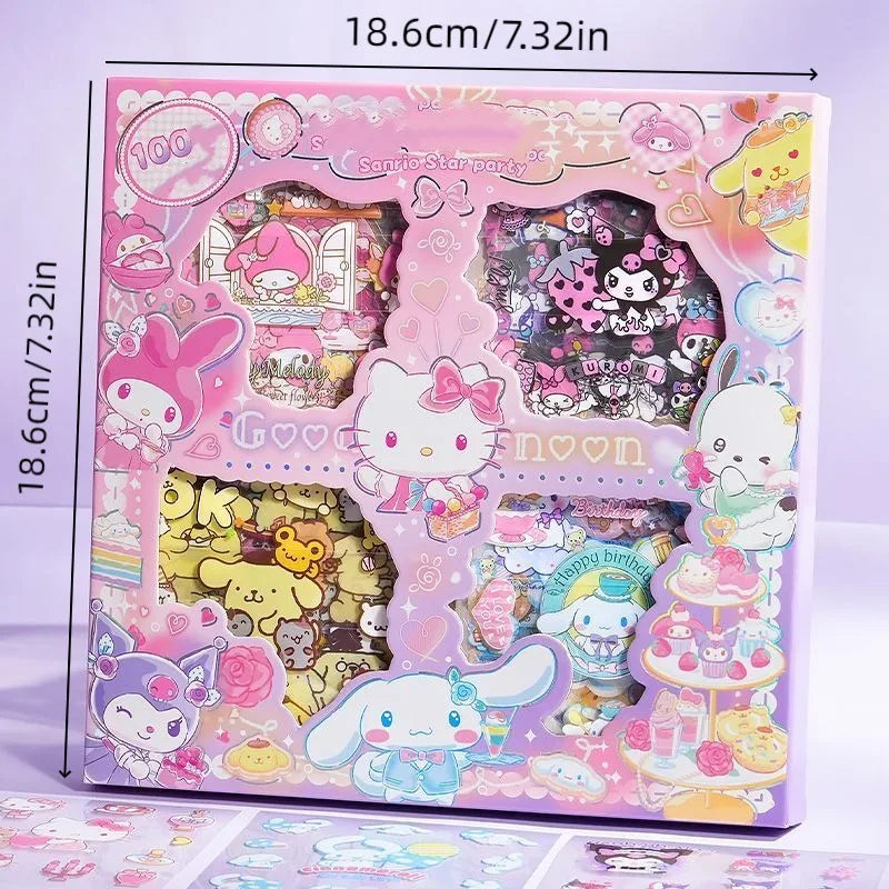 100PCS Hello Kitty Sticker Gift Box Cinnamoroll Melody Kuromi Sticker Gift Box Waterproof PET Sticker Toy Kids Gift