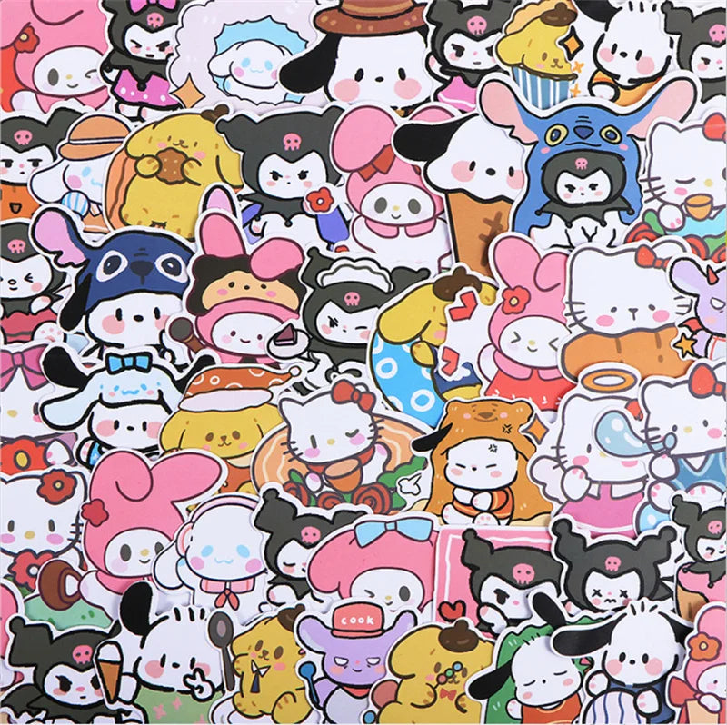 50/100Pcs Sticker Kawaii Hello Kitty Kuromi Melody Cinnamoroll Laptop Skin DIY Diary Stationery Stickers Kids Toys Gifts