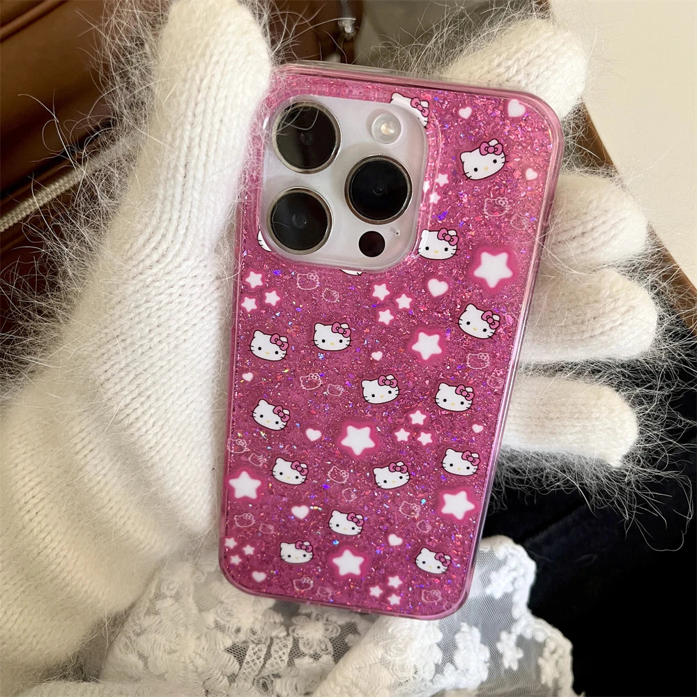 Korean Bling Glitter Stars Hello Kitty Phone Case For iPhone 16 15 14 Pro Max 13 12 Candy Color Cartoon Bumper Back Cases Cover