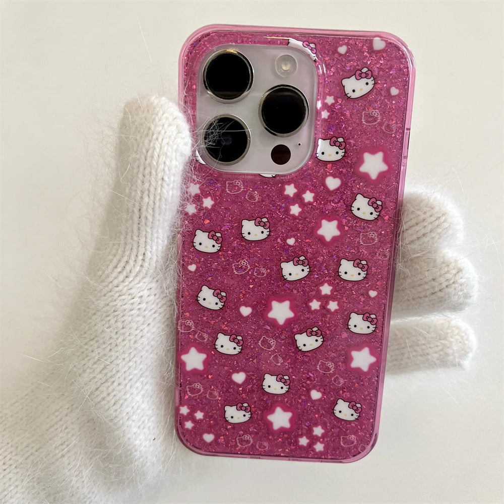 Korean Bling Glitter Stars Hello Kitty Phone Case For iPhone 16 15 14 Pro Max 13 12 Candy Color Cartoon Bumper Back Cases Cover