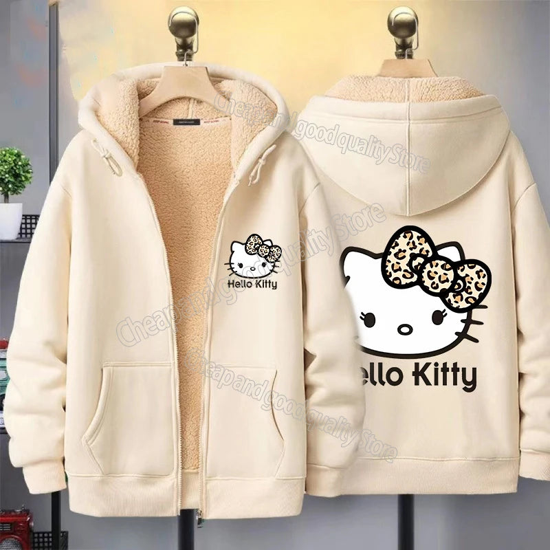 Hello Kitty Women's Zipper Hoodie Autumn and Winter New Cute Kawaii Pattern Sweatshirt Streetwear Girl Lady Clothing Coat