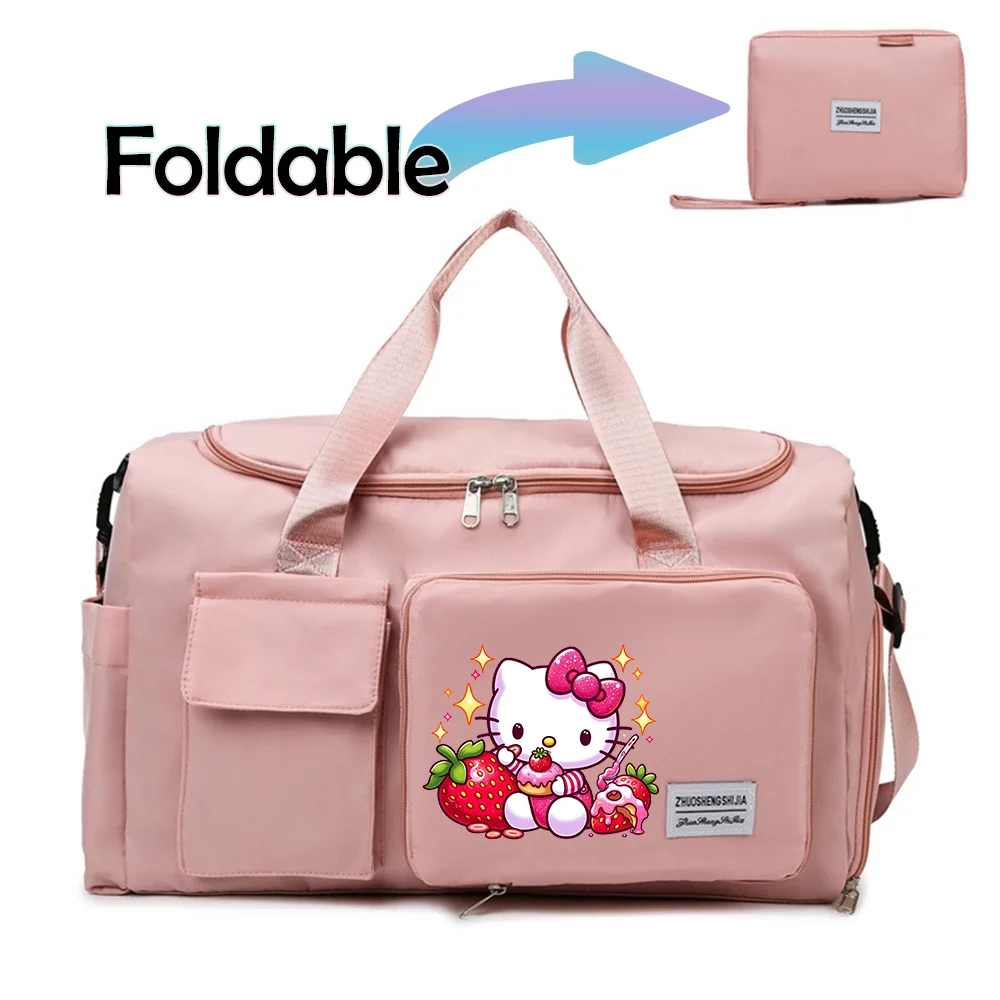 Hello Kitty Cartoon Travel Bag Large Capacity Storage Shoulder Bags Gym Duffle Pack with Shoe Compartment Portable HandBag