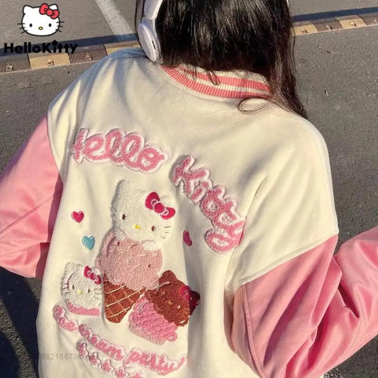 Y2K Anime Hello Kitty Jacket Baseball Uniform Sanrioed Couple Outfit Spring Winter Cute Coat Tops Casual Vintage Loose Leisure