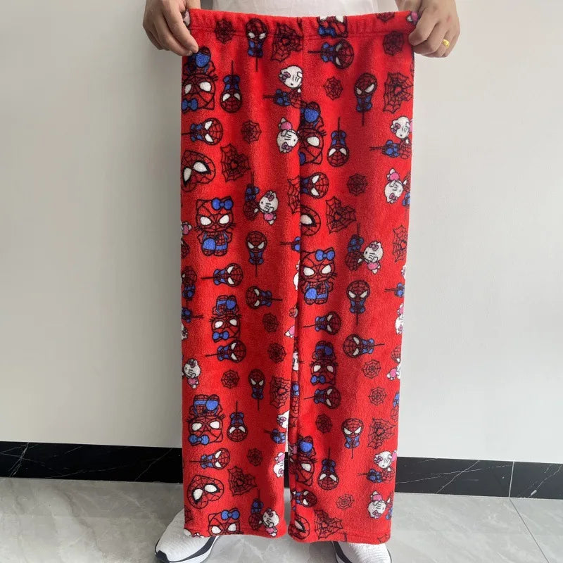 Cotton Velvet Hello Kitty Spider-man Unisex Loose Pajama Set with Long Pants Comfortable Fit, Perfect for Sleep Casual Home Wear