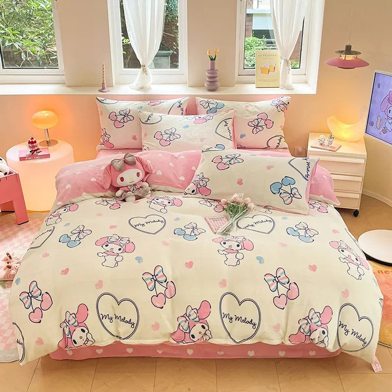 Winter Milk Velvet Bedding Set Hello Kitty Melody Kuromi Thickening Warm Flannel Queen Duvet Cover Bed Sheet Pillowcase