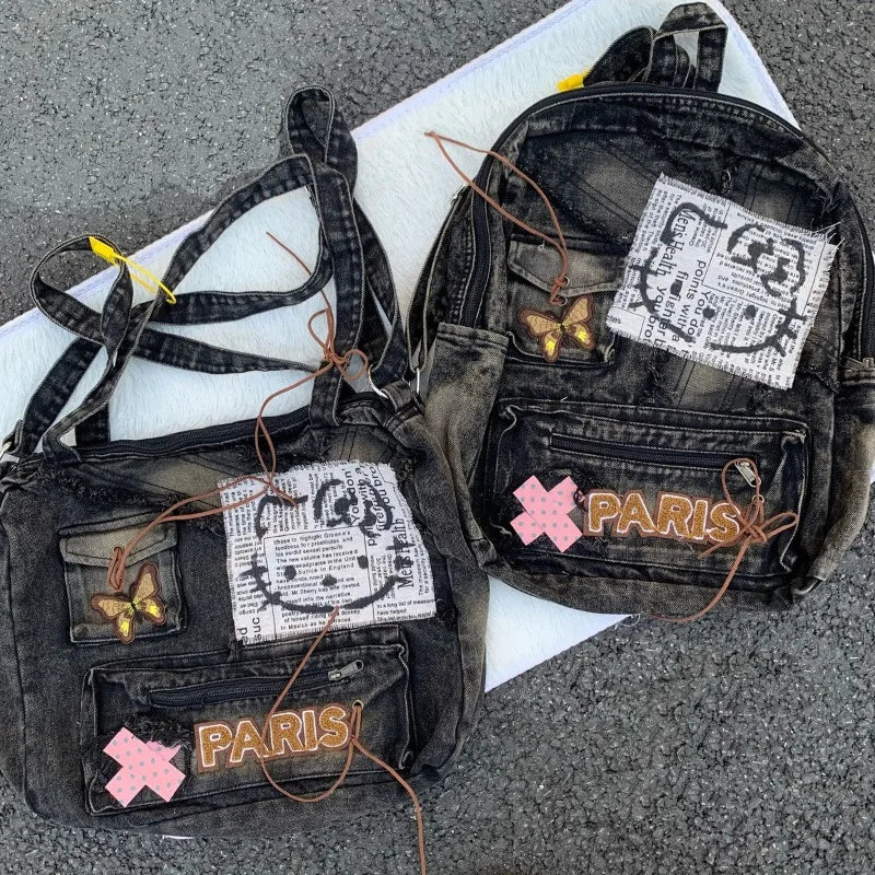 Vintage Hello Kitty Womens Shoulder Bag Patchwork Y2k Denim Fashion Aesthetic Backpacks Large Capacity Casual Messenger Bag