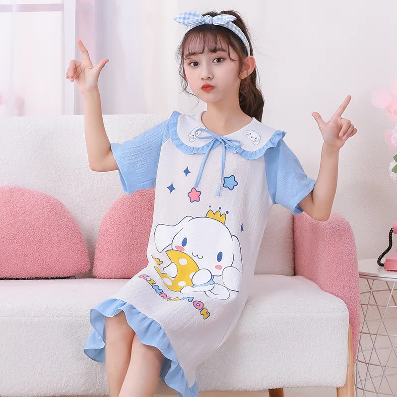 Girl's Summer Pajamas Hello Kitty Kuromi Children's Dress Pochacco Anime Cartoon House Clothing Short Sleeved Cute Skirt