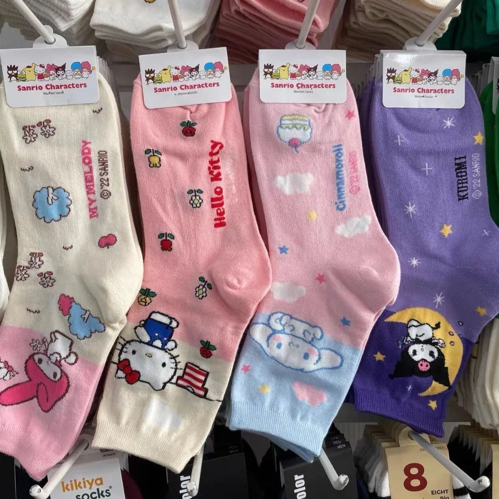 Women Hello Kitty Kuromi MyMelody Cute Cotton Blend Ankle Socks Set Kawaii Soft Autumn Winter Warm Mid-Tube Sock One Size