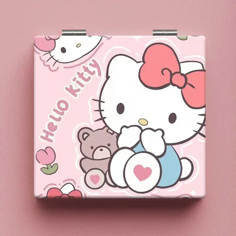 Kawaii Makeup Mirrors Hello Kitty Cartoon Ins Double-sided Mirror Frame PU Leather Cover Carry Folding MiNi Mirror Gift